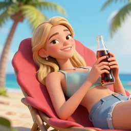 a smile blond girl lay on rose chair hold coke in beach, palm tree, matte, sharp focus, illustration, masterpiece, lifelike, animated, realistic, character select portrait, by artgerm, greg rutkowski, alphonse mucha, 3 d, hyper detailed face
