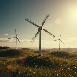 a 2 8 mm macro photo of windmills on grassy rolling hills, splash art, movie still, bokeh, canon 5 0 mm, cinematic lighting, dramatic, film, photography, golden hour, depth of field, award - winning, anamorphic lens flare, 8 k, hyper detailed, 3 5 mm film grain, hazy