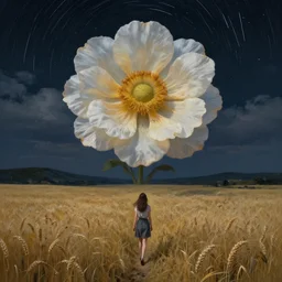 giant flower as a head, girl walking in wheat field, hills, surreal photography, dark night, star trails, dramatic light, impressionist painting, clouds, digital painting, artstation, simon stalenhag