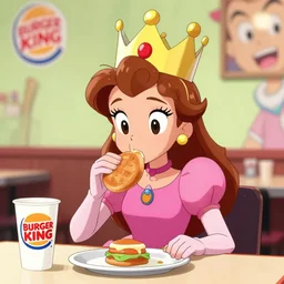 funny picture of Princess Daisy eating at burger king, wearing a paper crown, art by Mark Arian and Artgerm,