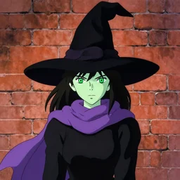 green female witch wearing a purple scarf, jet black hair, bright green eyes and pale greenish skin, simple black dress and black witch hat, detailed perfect face, mid view, design on a brick background, by yoshitaka amano, studio muti greg rutkowski makoto shinkai takashi takeuchi studio ghibli