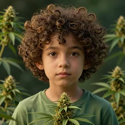 curly hair kid cannabis, hemp, marijuana, weed, realistic shaded face, cinematic volumentric lighting, golden ratio, behance hd, hyper detailed, octane render, concept art, artstation, perfect symmetrical