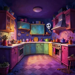 curved perspective digital art of a colorful dark kitchen from Tim Burtons Nightmare Before Christmas by Petros Afshar