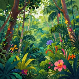 surreal glimpse, malaysia jungle, summer morning, very coherent and colorful high contrast art by gediminas pranckevicius james gilleard james gurney floralpunk screen printing woodblock, dark shadows, pastel color, hard lighting, stippling dots, art nouveau
