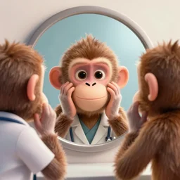 lofi monkey in front of a mirror reflecting rule 34 expression of a human face, symmetrical hands, doctors mirror, Pixar style by Tristan Eaton Stanley Artgerm and Tom Bagshaw, high detail