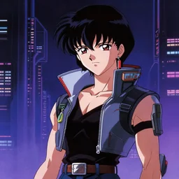 in the style of cyberpunk early 9 0's anime : : dystopian art : : smiling science girl researcher blue hair : : darkened future lab background interior