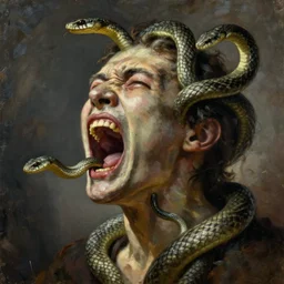 A disembodied head screams, snakes slither out of the mouth and wrap around the head, oil painting, surrealism style