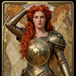 face matte portrait of a red haired valkyry in a heroic pose and wearing thick bronze plate armo art by albert bierstadt, alphonse mucha, andreas rocha, greg rutkowski, sharp edges. ultra clear detailed. 8 k. elegant. octane render