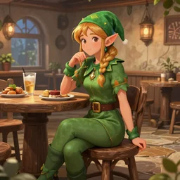 An elf woman sitting in a tavern, fantasy, colorful