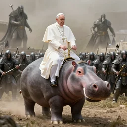 pope francis rides a hippo against the army of mordor, ultra realistic