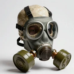a hyper realistic photoshoot of a gas mask in the shape of a human skull in white studio lit backround