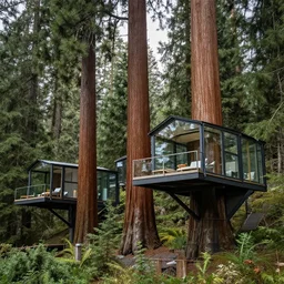 glass tree houses with a balcony lounges among the giant sequoia trees at 2875 adanac.st vanvcouver,british columbia,canada