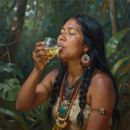 a beautiful painting of an amazonian ayahuasca shaman enlightened, drinking ayahuasca, having visions, matte painting, by christophe vacher