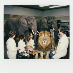 Scientists creating an elephant and lion hybrid, half lion and half elephant, photo taken hidden in the laboratory, 1970, color, polaroid