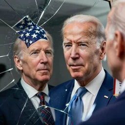giant distorted joe biden reconstructing the multiverse from a shattered mirror, american patriotism, perfectly clear face, by j. c. leyendecker and beksinski