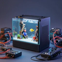 a fishtank in a web server surrounded by piles of modular synth cables, by cameron gray, wlop, stanley kubrick, masamune, hideki anno, unique perspective, trending on artstation, 3 d render, smooth render