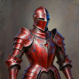 rococo style painting of full plate armor of crimson metal with azure blue lining and ruby studded worn by azimar king, impressive helmet, magic, enchanted, intricate, crystal, 8 k, artstation trending, masterwork