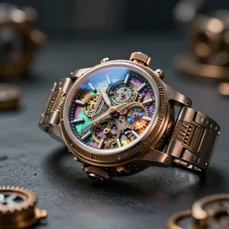 complex 3 d render of a futuristic steampunk watch lying on a table, high detail, sharp focus, iridescent glass, glowing interior components, intricate detail, depth of field, bokeh, cinematic lighting and composition, octane render, film grain, art deco