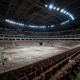 Abandoned sports arena with the lights still on, rusty seats