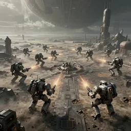 ariel view, wide angle view, war mechs fighting, mech battlefield battling, wartorn, desolate gloomy planet, science fiction