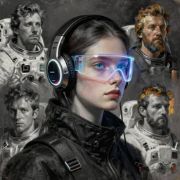 finnish future coder looking on, glowing visor over eyes and sleek neon headphones, neon accents, desaturated headshot portrait painting by ilya repin, dean cornwall, rhads, tom whalen, alex grey, alphonse mucha, astronaut cyberpunk electric fashion photography