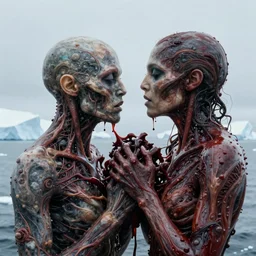 centered detailed, the thing body horror transmutation, fusion, blood, mutation veiny fusion of two people, john carpenter, antarctica, art by jean giraud and moebius, realistic, expressive emotions, cold colours