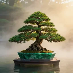 photo bonsai cedar on a small angular cnn jewel emerald in the water, gold hour, soft lighting, light fog, medium full shot, volumetric lighting, beautiful, ultra detailed, cgsociety by leesha hannigan, thierry doizon, 3 5 mm, fujifilm, cinematic, realistic