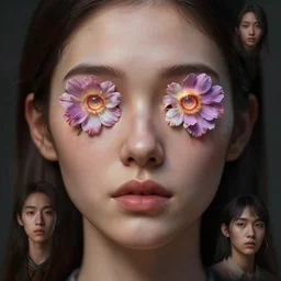 hyperrealistic mixed media image of random magic of woman with flowers in eyes, stunning 3 d render inspired art by greg rutkowski and xiang duan and thomas eakes and audrey kawasaki, perfect facial symmetry, flesh texture, realistic, highly detailed attributes and atmosphere, dim volumetric cinematic lighting, 8 k octane detailed render, post - processing, masterpiece,