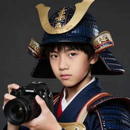 medium close up shot of an asian school boy wearing a samurai headgear cosplay, camera in his hand, dark studio background, softlight, photorealistic, art by artgerm and greg rutkowski