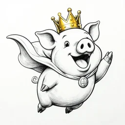 detailed lineart comic book drawing of grinning pig wearing a gold crown flying with a cape in the style of jim lee
