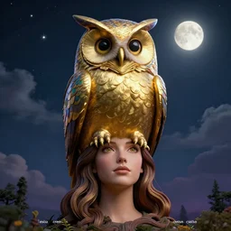 giant, massive, detailed, 3 d colourful gold owl, on the head of a woman, in a 3 d tree, dark, night sky with stars, clouds and glowing moon, cinematic, 4 k by'eva cremers'and'lesley barnes'and'jordan coelho'