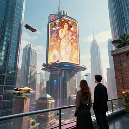 a city in the future | tall skyscrapers | flying cars | giant digital billboards | a sexy couple stands on a balcony in the foreground | modern man modern woman | they look out over the futuristic city this is also our pov | a touch of cyber punk a touch of synthwave a touch of corusant | some brick some glass some chrome | floating buildings and platforms | flying cars and vehicles pass by | by greg rutkowski alphonse mucha gustav klimt mel ramos and john berkey | golden ratio