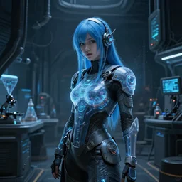 in the style of makhno sabaton, sci fantasy : : pale hologram science girl blue hair : : dark futuristic lab