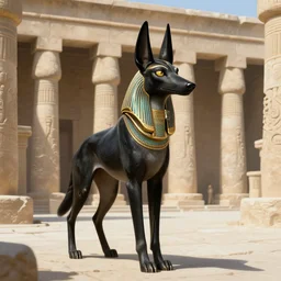 full body photo of anthropomorphic black egyptian jackal in a pristine limestone temple, deep focus, highly detailed, digital painting, artstation, concept art, matte, sharp focus, illustration, art by artgerm and greg rutkowski and alphonse mucha