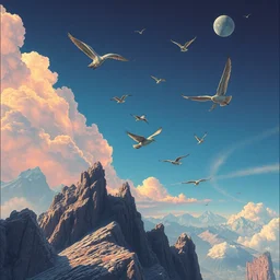 birds flying high by beeple, artgerm, salvador dali, bruce pennington, frank, stella, makoto shinkai, angus mckie, alex grey, don bluth, gediminas pranckevicius, chris moore, kaja foglio, andre masson, dr. suess, brian despain, chesley bonestell. symbolism, surrealism