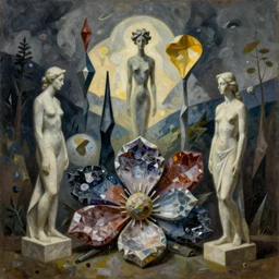 abstract bestiary sculpted by brancusi. annihilation of the petals. mineral colors. painting by bosch, ciurlionis, yves tanguy, umberto boccioni