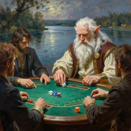 dice gambling at a table with a white haired dwarf on the riverside, oil painting, greg rutkowski, highly detailed, colorful, dramatic lighting, cinematic composition,