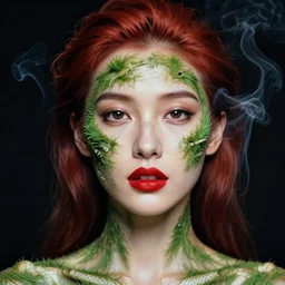 portrait of a woman, close - up, grass on skin, bone, high sharpness, zeiss lens, fashion photo shoot, smoke black, red hair, snakes, red lipstick, palaroid effect, edward buba, annie leibovitz, paolo roversi, david lazar, jimmy nelsson, eiko hosoe, artistic, hyperrealistic, beautiful face, octane rendering