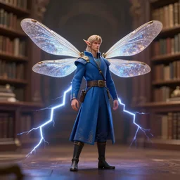 character concept art, distant full-body shot male elf with dragonfly-wings. boots, blue robes, library background. Detailed, high quality, bokeh, sharp focus, smooth, dynamic lightning, fantasy. Artwork by artgerm, WLOP, alex ross, greg rutknowski, Alphonse Mucha