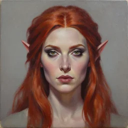 a detailed matte oil on canvas head on symmetrical portrait of a distinguished elven woman with separated red hair ( ( ( ( ( makeup ) ) ) ) ) by charlie bowater and lise deharme wlop, trending on artstationhd, dungeons and dragons art critical role