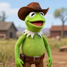 Screenshot of Kermit the Frog as a 3d cowboy in the videogame 'Red Dead Redemption 2'. Sharpened. 1080p. High-res. Ultra graphical settings.