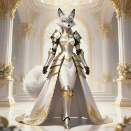 commissioned full body portrait of a female anthropomorphic furry wolf princess fursona with white hair wearing a white and gold armored dress in a white and gold palace, by Wlop and jerry park, artstation, extremely detailed