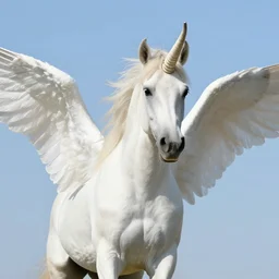 white horse with wings and a single horn on his forehead