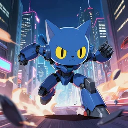 cyber mecha cat on a rampage in neo tokyo, chibi, by moebius and matt groening, cinematic