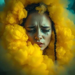 full shot of a crying!!!! woman!!, covered in yellow and blue clouds, fiery, hurtful, shamanistic, cloudcore, by kim keever