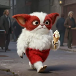 professional portrait of an humanoid white and red strange creature from carpenter the thing and alien and gremlins, walking in a street with a icecream, hight detailed painting by gustave courbet and greg rutkowski, peter mohrbacher, joseph christian leyendecker, nice studio lighting, smooth tiny details, soft and clear shadows, low contrast, fashion photograhy, perfect