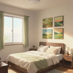 an apartment complex as seen from inside, bedroom, with four paintings on the wall, and a window to the left of the bed in a detailed anime style
