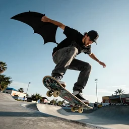 “tony hawk riding a flying dragon, photograph”