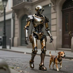 steampunk robot walking his dog on the street photorealistic, cinematic, digital art