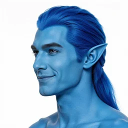 photo of a [ blueskin ] male with blue skin and elegant smiling chiseled jaw, elf ears, blue hair in a ponytail cropped on the sides, looking to the side, with [ white ] [ background ], 8 k, 8 5 mm f 1. 8